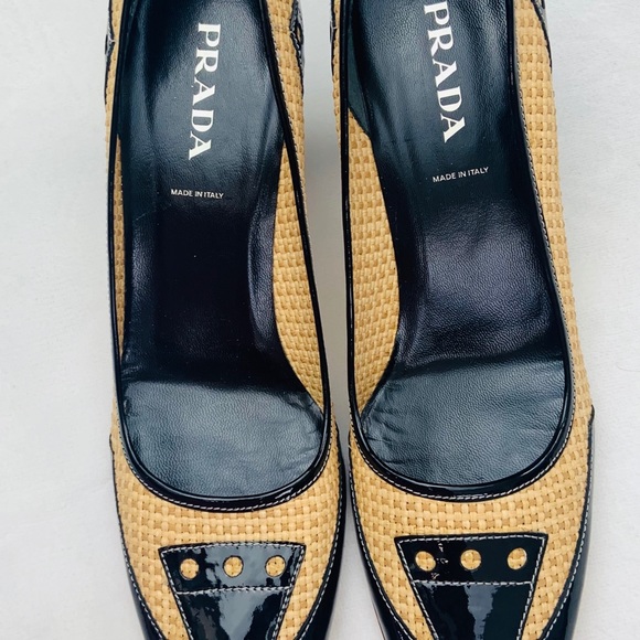 PRADA Straw black p leather high heel Sz 8 / 38.5 - Picture 6 of 16